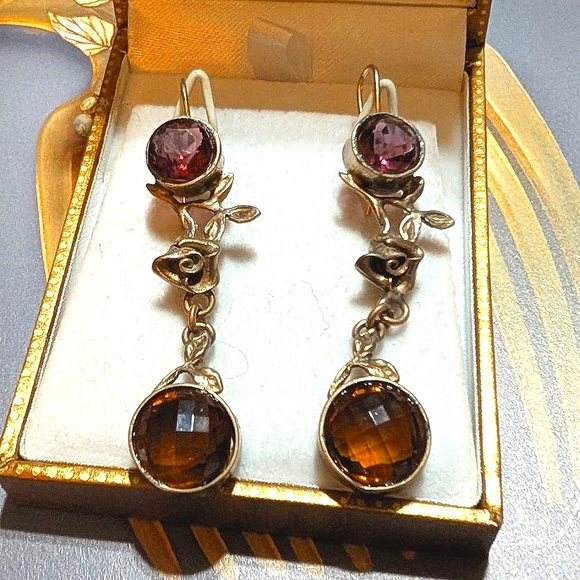 Art Nouveau Long Bronze Paste Stone Earrings - Picture 6 of 6